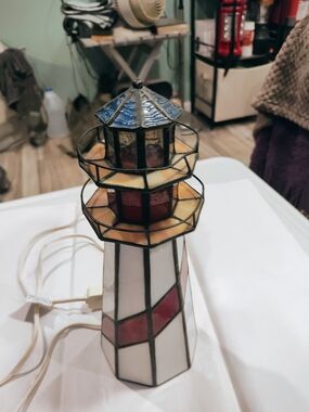 Stained Glass Lighthouse Accent Lamp - Blue, Red, White